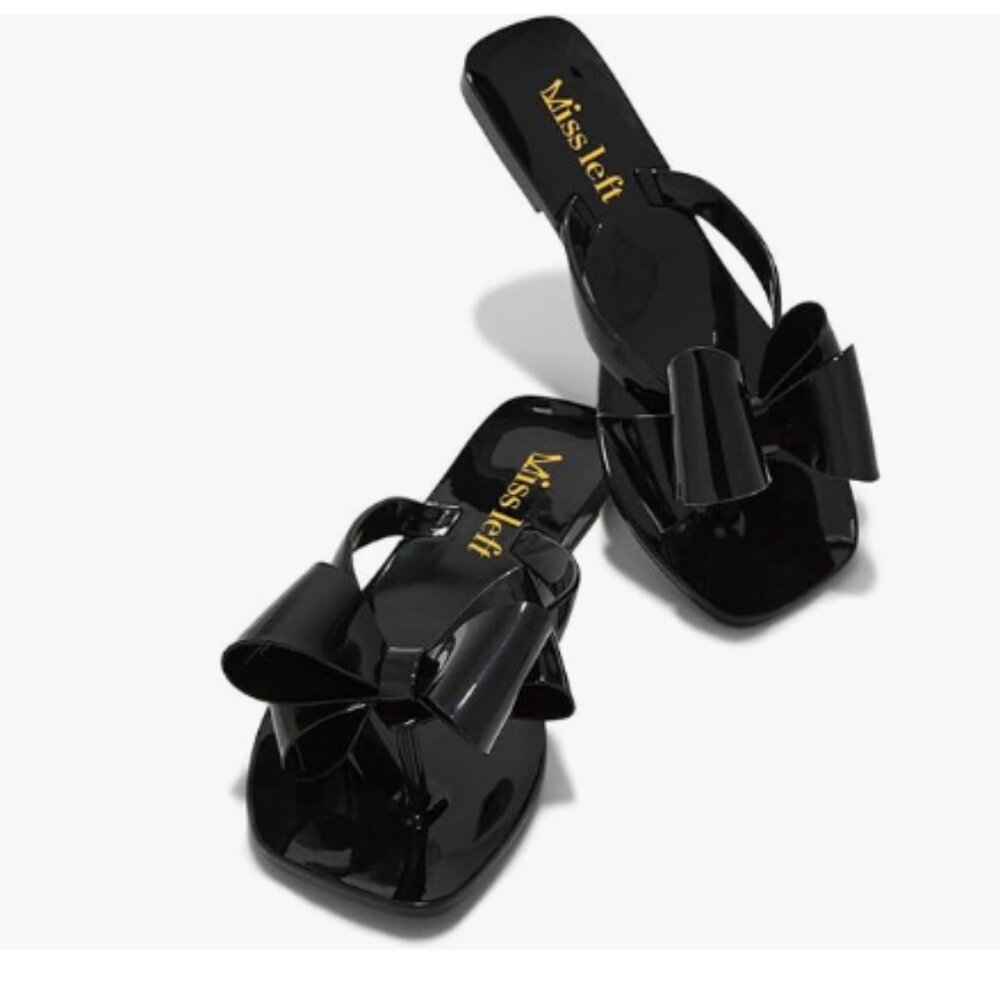 miss left Black Open Square Toe Flip Flops Double Bowknots Slip On Thong Sandal